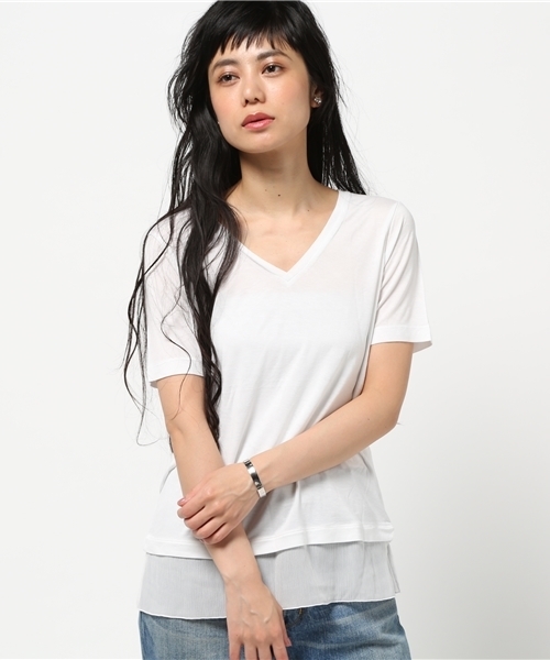 VINCE(ヴィンス)の「VINCE Vネック 裾シフォンTシャツ◆(Tシャツ/カットソー・レディース・ホワイト系その他/ネイビー・36/34)」の1枚目の写真