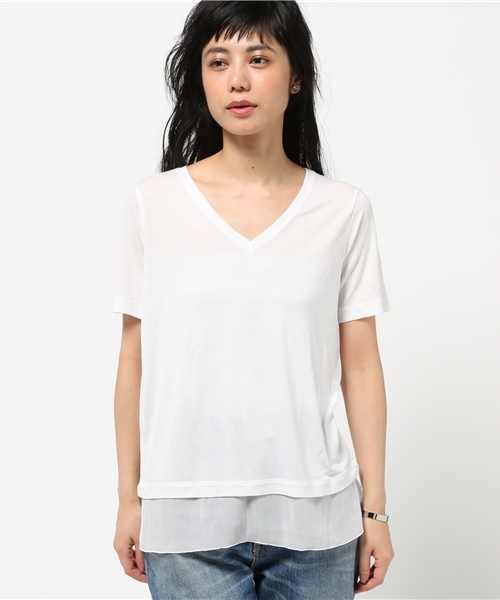 VINCE(ヴィンス)の「VINCE Vネック 裾シフォンTシャツ◆(Tシャツ/カットソー・レディース・ホワイト系その他/ネイビー・36/34)」の6枚目の写真