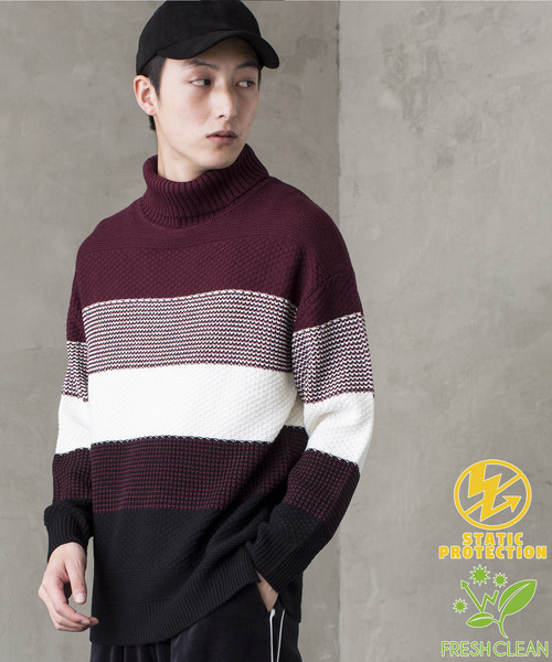 WEGO（ウィゴー）の「WEGO/メランジボーダータートルニット（ニット/セーター・メンズ・ホワイト/ブラック/ネイビー/ワイン・MEDIUM/LARGE）」の4枚目の写真