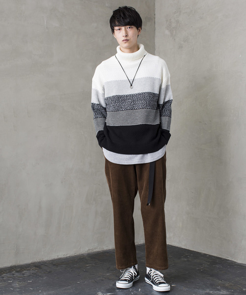 WEGO（ウィゴー）の「WEGO/メランジボーダータートルニット（ニット/セーター・メンズ・ホワイト/ブラック/ネイビー/ワイン・MEDIUM/LARGE）」の10枚目の写真