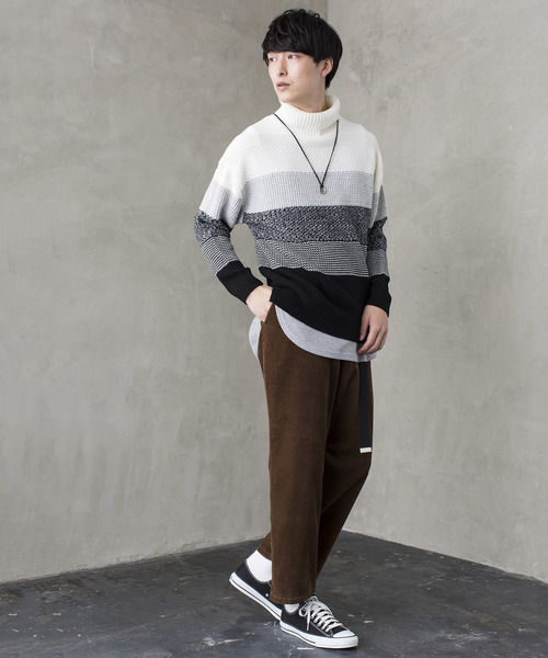 WEGO（ウィゴー）の「WEGO/メランジボーダータートルニット（ニット/セーター・メンズ・ホワイト/ブラック/ネイビー/ワイン・MEDIUM/LARGE）」の12枚目の写真