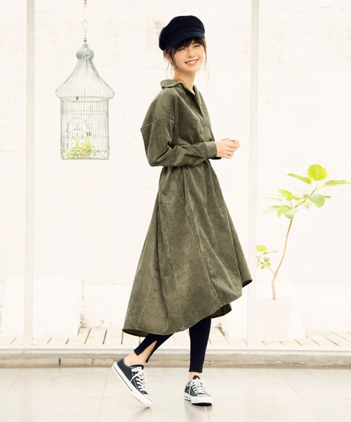 KOBE LETTUCE（コウベレタス）の「コーデュロイスキッパーボリュームロングワンピース＊レディース/シャツワンピース[E1949]神戸レタス（ワンピース・レディース・カーキ/キャメル/ライトベージュ・FREE）」の6枚目の写真
