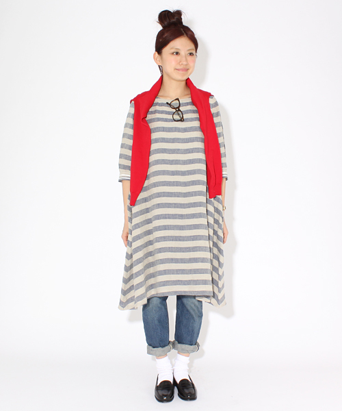 BEAMS BOY（ビームスボーイ）の「BEAMS BOY / リネン ボーダー 袖ライン 7分 ワンピース（ワンピース・レディース・グレー/ブルー・ONE SIZE）」の12枚目の写真