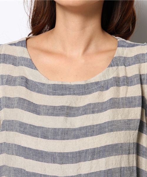 BEAMS BOY（ビームスボーイ）の「BEAMS BOY / リネン ボーダー 袖ライン 7分 ワンピース（ワンピース・レディース・グレー/ブルー・ONE SIZE）」の6枚目の写真