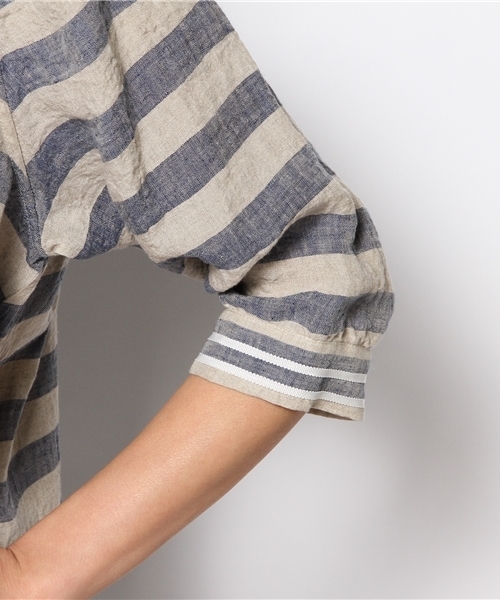 BEAMS BOY（ビームスボーイ）の「BEAMS BOY / リネン ボーダー 袖ライン 7分 ワンピース（ワンピース・レディース・グレー/ブルー・ONE SIZE）」の7枚目の写真