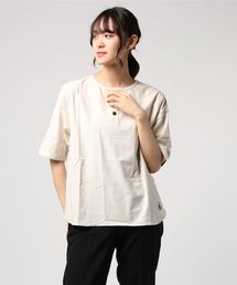 LINEN/COTTONストレッチゆったりヘンリー5分TEE W