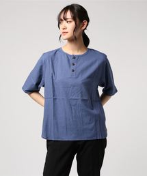 LINEN/COTTONストレッチゆったりヘンリー5分TEE W