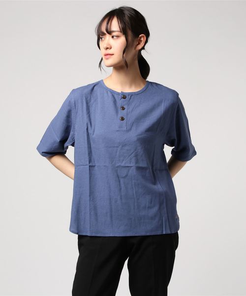 go slow caravan(ゴースローキャラバン)の「LINEN/COTTONストレッチゆったりヘンリー5分TEE W(Tシャツ/カットソー・レディース・ナチュラル/ブルー・FREE)」の2枚目の写真