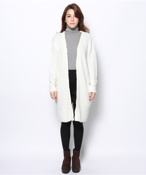 WEGO（ウィゴー）の「WEGO/リブ編みロングカーディガン（カーディガン/ボレロ・レディース・オフホワイト/キャメル・FREE）」の3枚目の写真