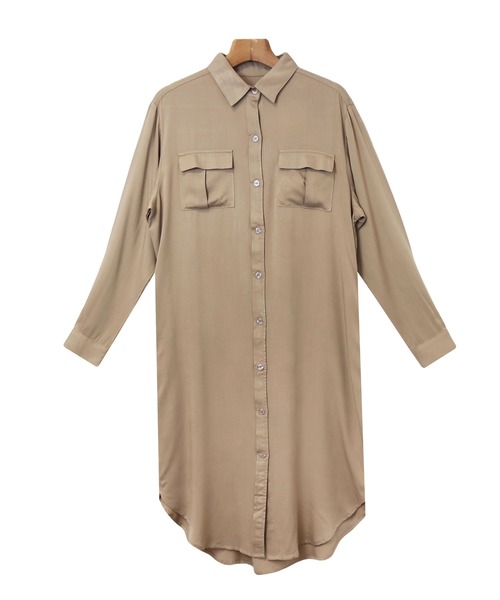 andme（アンドミー）の「レーヨン長袖シャツワンピース（シャツワンピース・レディース・カーキ/ブラック/ベージュ/グレー系その他・M/L）」の8枚目の写真