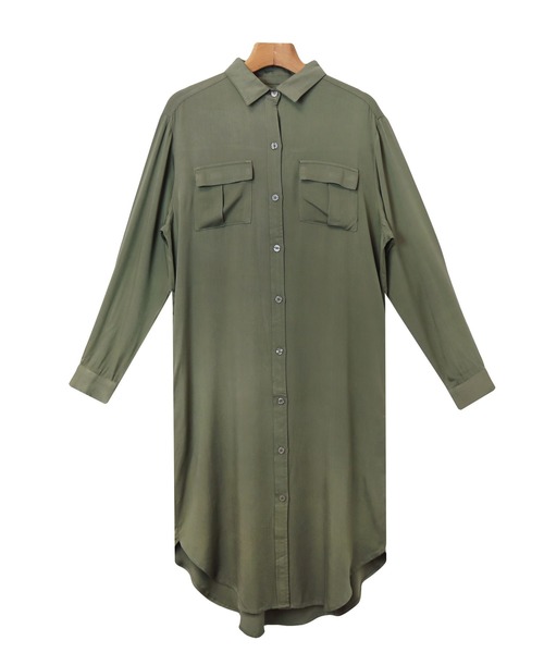 andme（アンドミー）の「レーヨン長袖シャツワンピース（シャツワンピース・レディース・カーキ/ブラック/ベージュ/グレー系その他・M/L）」の6枚目の写真