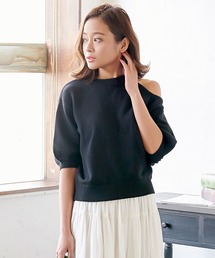 アシンメトリーデザイン5分袖ニットトップス