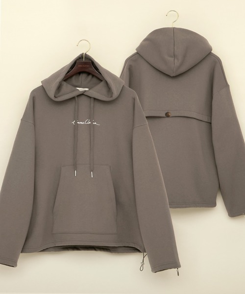 EMMA CLOTHES（エマクローズ）の「ビッグシルエット裏起毛ヨークドローコードデザイン ロゴ刺繍プルオーバーパーカー(EMMA CLOTHES)（パーカー・メンズ・グレイッシュベージュ/ブラウン系その他/ブラック・FREE）」の16枚目の写真