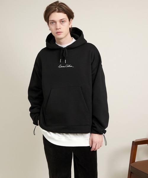 EMMA CLOTHES（エマクローズ）の「ビッグシルエット裏起毛ヨークドローコードデザイン ロゴ刺繍プルオーバーパーカー(EMMA CLOTHES)（パーカー・メンズ・グレイッシュベージュ/ブラウン系その他/ブラック・FREE）」の17枚目の写真