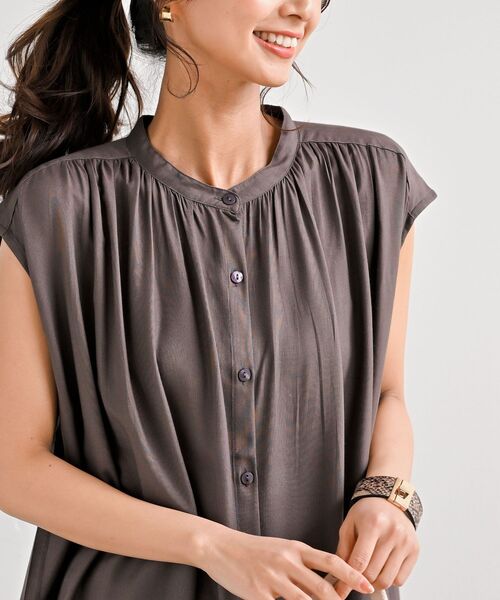 rps（アールピーエス）の「レーヨン前開きフレンチスリーブワンピース（ワンピース・レディース・オフホワイト/ブラック/ダークブラウン/ダークグリーン/ブルーグリーン/チャコールグレー/グレイッシュブルー・M/フリー）」の19枚目の写真