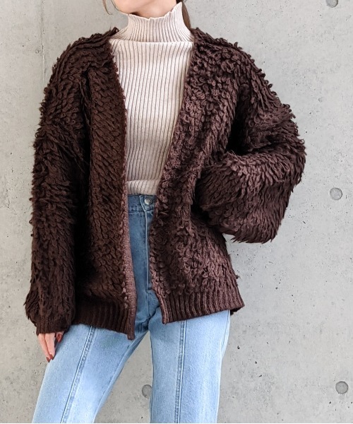 Per sist ence(パーシエンス)の「Per sist ence/パーシエンス 3GGモヘアループ編み カーディガン(カーディガン/ボレロ・レディース・ホワイト/ブラック/ブラウン・FREE)」の1枚目の写真