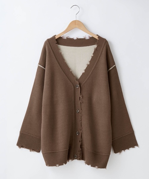 mikke（ミッケ）の「リバーシブル配色ダメージニットカーディガン