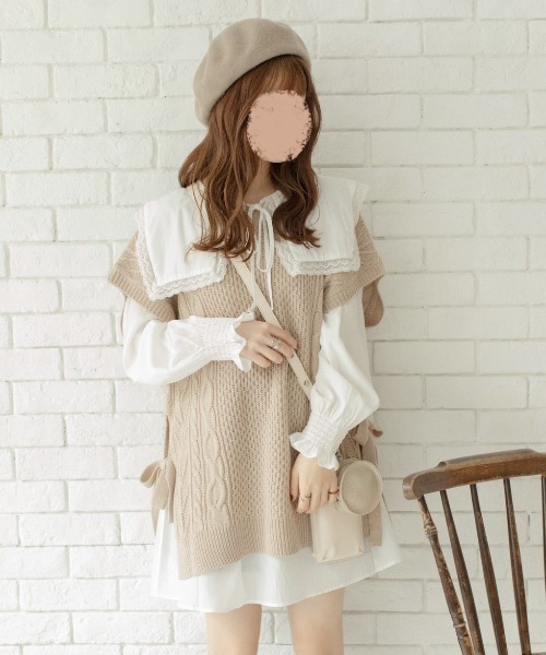 Mysa&Liina by yuririn(ミーサリーナバイユリリン)の「BIG衿ブラウス×ニットベストセット(ベスト・レディース・ブラウン/グレイッシュベージュ/ベージュ・M)」の7枚目の写真