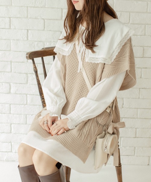 Mysa&Liina by yuririn(ミーサリーナバイユリリン)の「BIG衿ブラウス×ニットベストセット(ベスト・レディース・ブラウン/グレイッシュベージュ/ベージュ・M)」の11枚目の写真