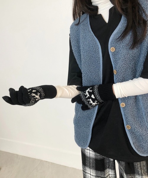 me+em select(ミームセレクト)の「アニマルニット手袋(手袋・レディース・ネイビー/ブラック/アイボリー/チャコールグレー・FREE)」の3枚目の写真