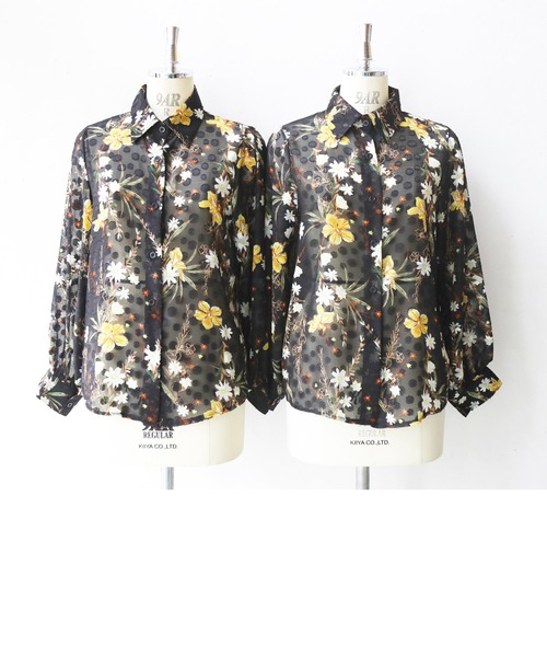 新品 cawaii カットソー 花びら 長袖 ブラウス シアー 花柄 カワイイ 甘すぎない花のシアーレース袖ブラウストップス（シャツ