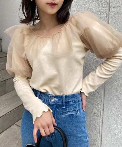 one after another NICE CLAUP(ワンアフターアナザーナイスクラップ)の「テレコチュールトップス(Tシャツ/カットソー・レディース・ベージュ/アイボリー/モカ・FREE)」の3枚目の写真
