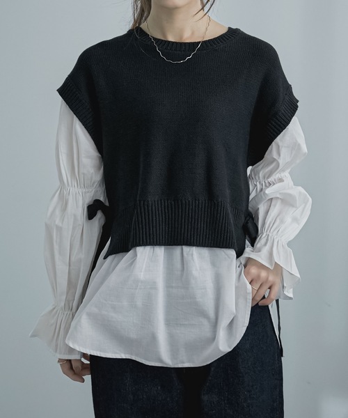 Fashion Letter（ファッションレター）の「レイヤードデザインドッキングニットベストブラウス（シャツ/ブラウス・レディース・ブルー/グレイッシュベージュ/ブラック・M）」の2枚目の写真