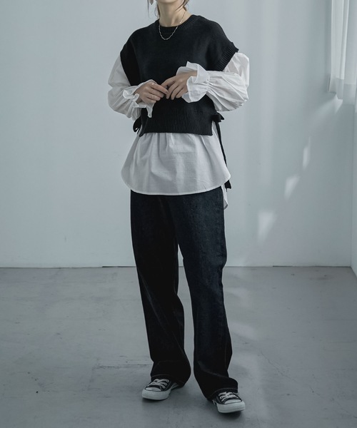 Fashion Letter（ファッションレター）の「レイヤードデザインドッキングニットベストブラウス（シャツ/ブラウス・レディース・ブルー/グレイッシュベージュ/ブラック・M）」の4枚目の写真