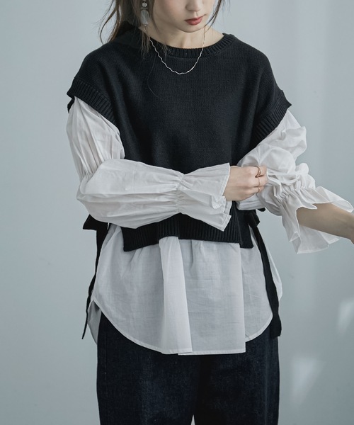 Fashion Letter（ファッションレター）の「レイヤードデザインドッキングニットベストブラウス（シャツ/ブラウス・レディース・ブルー/グレイッシュベージュ/ブラック・M）」の5枚目の写真