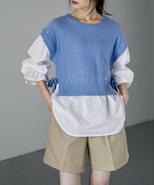 Fashion Letter（ファッションレター）の「レイヤードデザインドッキングニットベストブラウス（シャツ/ブラウス・レディース・ブルー/グレイッシュベージュ/ブラック・M）」の6枚目の写真