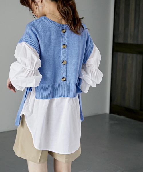 Fashion Letter（ファッションレター）の「レイヤードデザインドッキングニットベストブラウス（シャツ/ブラウス・レディース・ブルー/グレイッシュベージュ/ブラック・M）」の7枚目の写真
