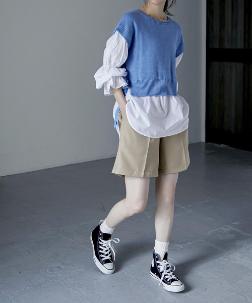 Fashion Letter（ファッションレター）の「レイヤードデザインドッキングニットベストブラウス（シャツ/ブラウス・レディース・ブルー/グレイッシュベージュ/ブラック・M）」の8枚目の写真