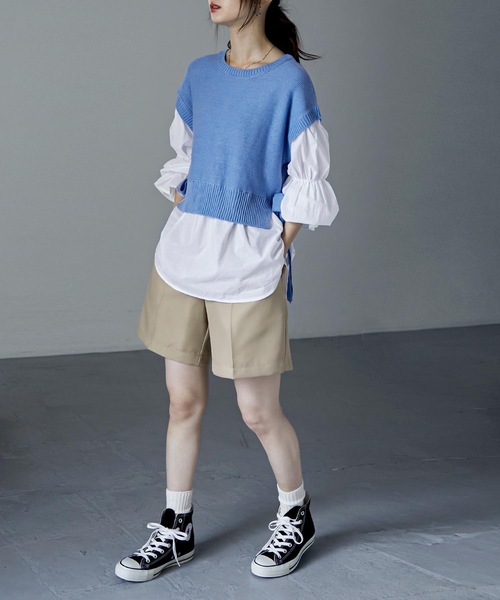 Fashion Letter（ファッションレター）の「レイヤードデザインドッキングニットベストブラウス（シャツ/ブラウス・レディース・ブルー/グレイッシュベージュ/ブラック・M）」の9枚目の写真