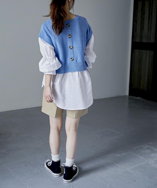 Fashion Letter（ファッションレター）の「レイヤードデザインドッキングニットベストブラウス（シャツ/ブラウス・レディース・ブルー/グレイッシュベージュ/ブラック・M）」の10枚目の写真