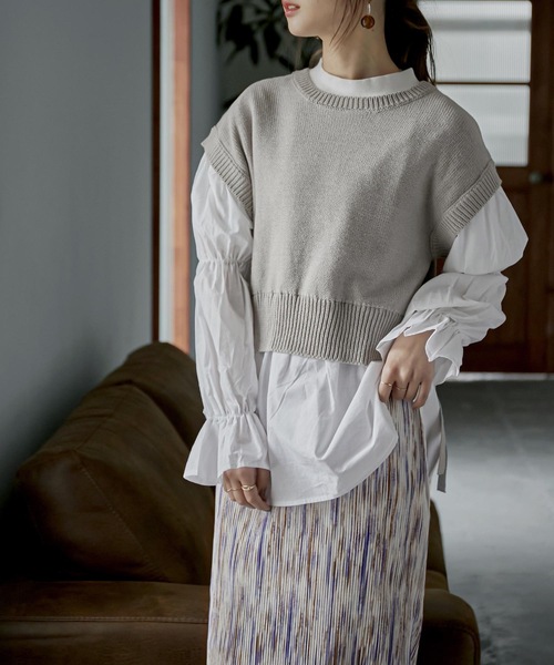 Fashion Letter（ファッションレター）の「レイヤードデザインドッキングニットベストブラウス（シャツ/ブラウス・レディース・ブルー/グレイッシュベージュ/ブラック・M）」の22枚目の写真