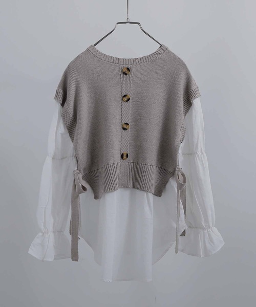 Fashion Letter（ファッションレター）の「レイヤードデザインドッキングニットベストブラウス（シャツ/ブラウス・レディース・ブルー/グレイッシュベージュ/ブラック・M）」の13枚目の写真