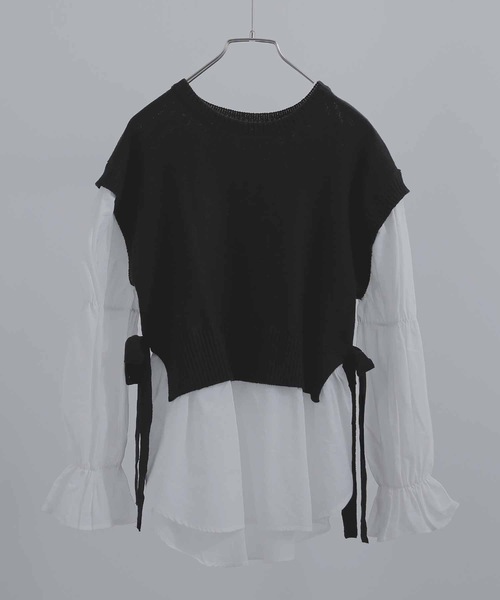 Fashion Letter（ファッションレター）の「レイヤードデザインドッキングニットベストブラウス（シャツ/ブラウス・レディース・ブルー/グレイッシュベージュ/ブラック・M）」の16枚目の写真