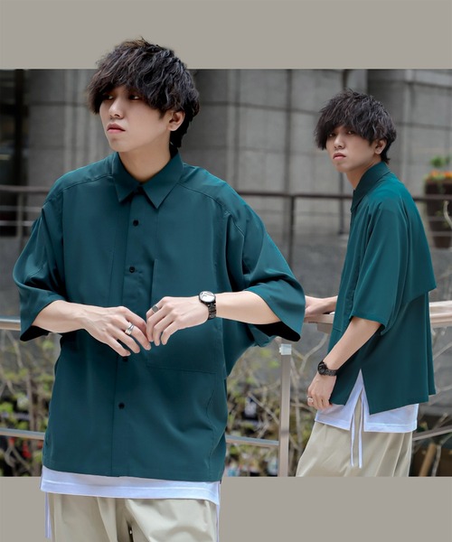 JUNRED(ジュンレッド)の「にっしー×JUNRed ワンサイドラグラントレンチオーバーハーフスリーブシャツ(シャツ/ブラウス・メンズ・ライトグレー/ブラック/グリーン/マスタード・S/M/L)」の3枚目の写真