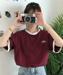 DEVICE（デバイス）の「ワンポイント 韓国 ストリート y2k 古着風 ロゴ クルーネック オーバーサイズ リンガー 半袖 Tシャツ（Tシャツ/カットソー）」