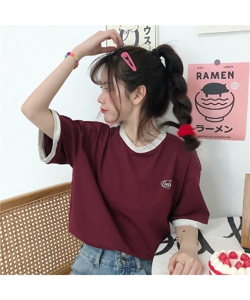 DEVICE(デバイス)の「ワンポイント 韓国 ストリート y2k 古着風 ロゴ クルーネック オーバーサイズ リンガー 半袖 Tシャツ(Tシャツ/カットソー・レディース・ワインレッド/ネイビー/ブラック/ホワイト・FREE)」の15枚目の写真