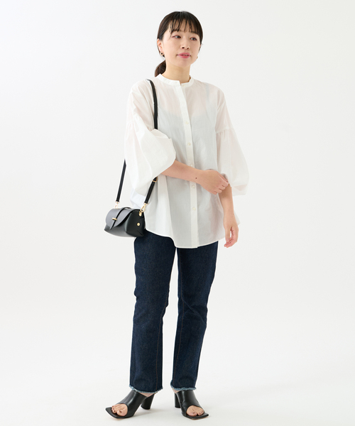 journal standard L'essage（ジャーナルスタンダードレサージュ）の「ストライプムジギャザーシャツ（シャツ/ブラウス・レディース・ホワイト/ネイビー/ブラウン・FREE）」の4枚目の写真