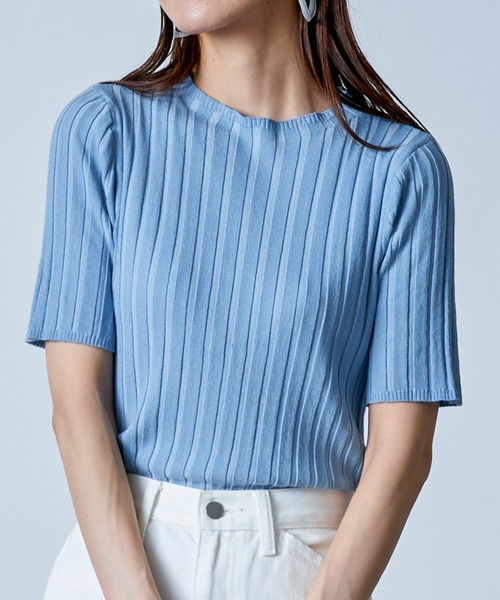 MAISON BREEZE(メゾンブリーズ)の「【MAISON BREEZE】ワイドリブモックネック5分袖カラーニット SCCH161(Tシャツ/カットソー・レディース・ブルー/グリーン/ホワイト/ブラック/ピンク・FREE)」の5枚目の写真