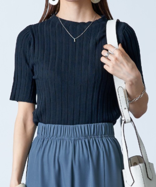 MAISON BREEZE(メゾンブリーズ)の「【MAISON BREEZE】ワイドリブモックネック5分袖カラーニット SCCH161(Tシャツ/カットソー・レディース・ブルー/グリーン/ホワイト/ブラック/ピンク・FREE)」の12枚目の写真