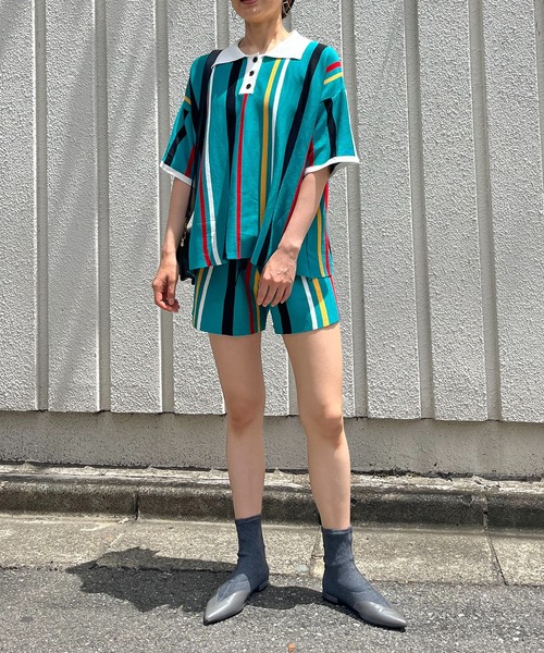 【boohoo】クロシェ風ストライプポロシャツ＆ショーツセット boohoo MAN クロシェルック ストライプ ポロ & ショート セット