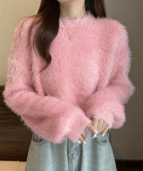 FREE STYLISTS（フリー スタイリスト）の「YUGA_YGMCシャギー　クロップドニットトップス（ニット/セーター・レディース・ピンク/ホワイト/ベージュ/ブルー/グリーン・FREE）」の5枚目の写真