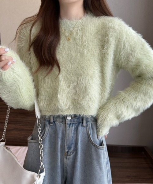 FREE STYLISTS（フリー スタイリスト）の「YUGA_YGMCシャギー　クロップドニットトップス（ニット/セーター・レディース・ピンク/ホワイト/ベージュ/ブルー/グリーン・FREE）」の4枚目の写真