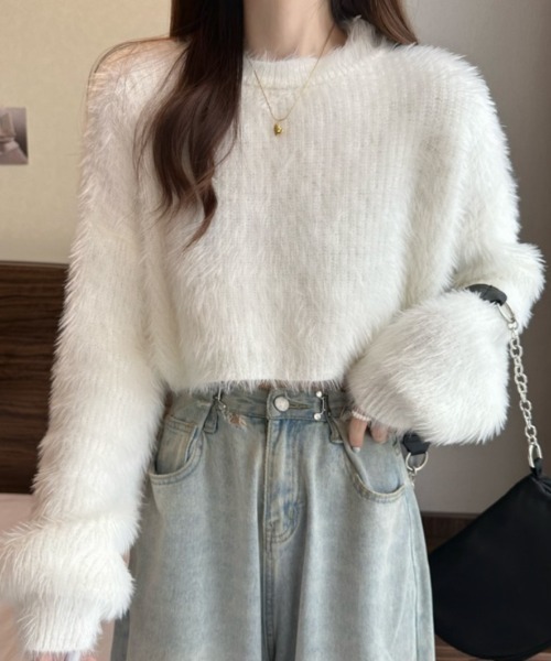 FREE STYLISTS（フリー スタイリスト）の「YUGA_YGMCシャギー　クロップドニットトップス（ニット/セーター・レディース・ピンク/ホワイト/ベージュ/ブルー/グリーン・FREE）」の18枚目の写真