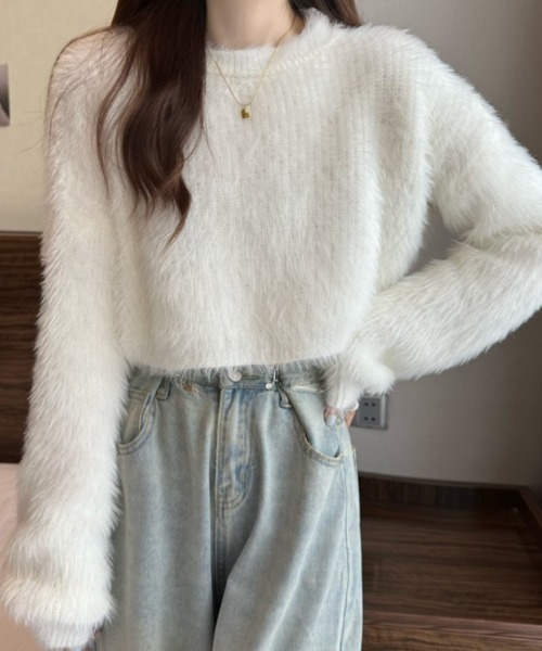 FREE STYLISTS（フリー スタイリスト）の「YUGA_YGMCシャギー　クロップドニットトップス（ニット/セーター・レディース・ピンク/ホワイト/ベージュ/ブルー/グリーン・FREE）」の12枚目の写真