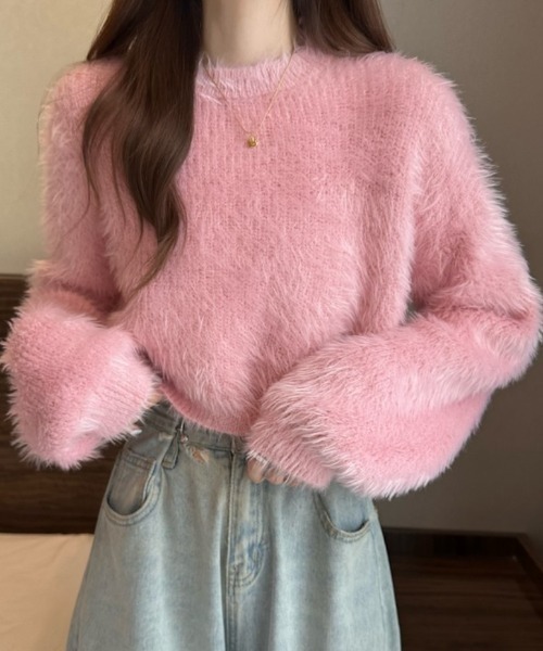 FREE STYLISTS（フリー スタイリスト）の「YUGA_YGMCシャギー　クロップドニットトップス（ニット/セーター・レディース・ピンク/ホワイト/ベージュ/ブルー/グリーン・FREE）」の6枚目の写真