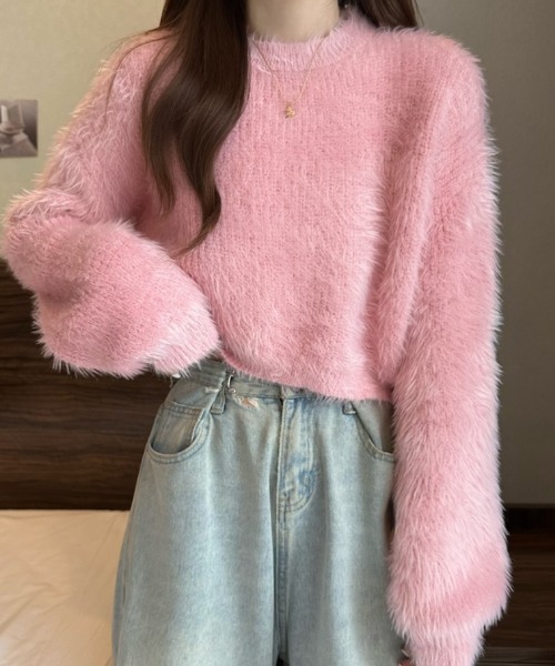 FREE STYLISTS（フリー スタイリスト）の「YUGA_YGMCシャギー　クロップドニットトップス（ニット/セーター・レディース・ピンク/ホワイト/ベージュ/ブルー/グリーン・FREE）」の8枚目の写真